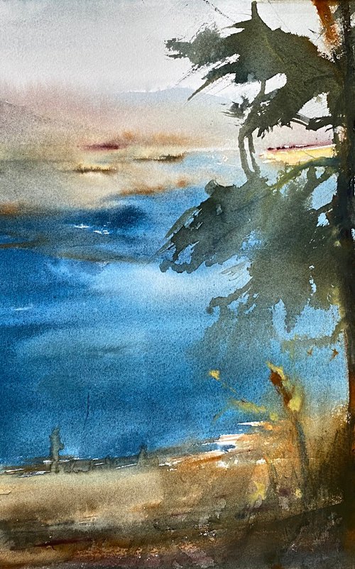 Pines by Aparan reservoir - original watercolor by Anna Boginskaia