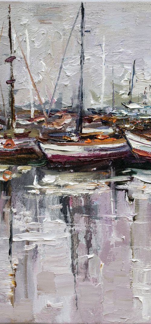 Marina on a rainy day - Original oil painting by Anastasiia Valiulina