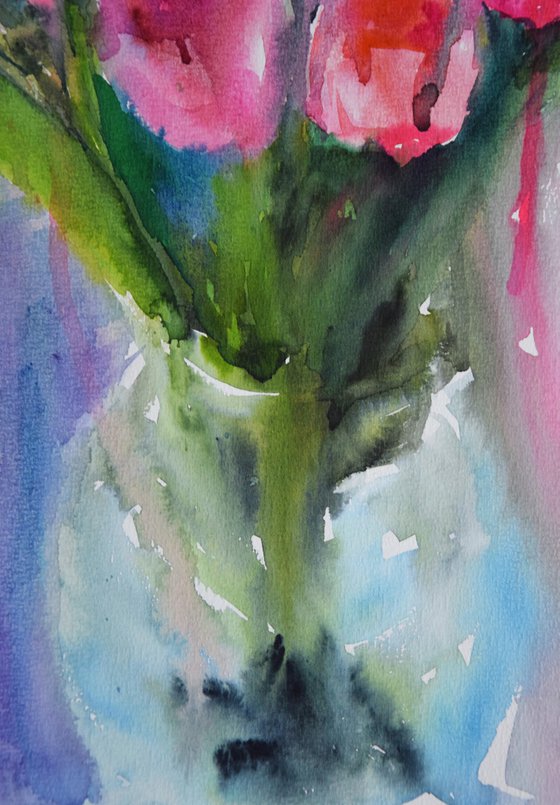 Pink tulips watercolor painting, flower wall art, floral bouquet gift for her