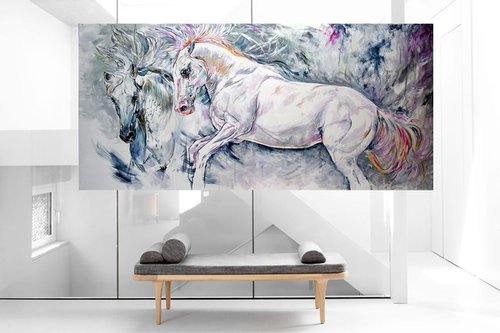 Freedom / Horses 60" x 29" X Large painting / Modern Equine Contemporary by Anna Sidi-Yacoub