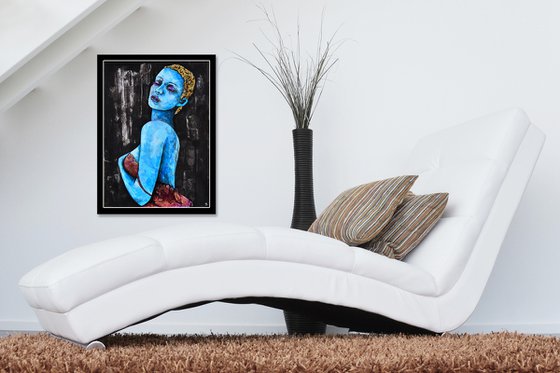 Blue Girl - Vibrations Mixed Media Original Romantic Modern Portrait Art Painting