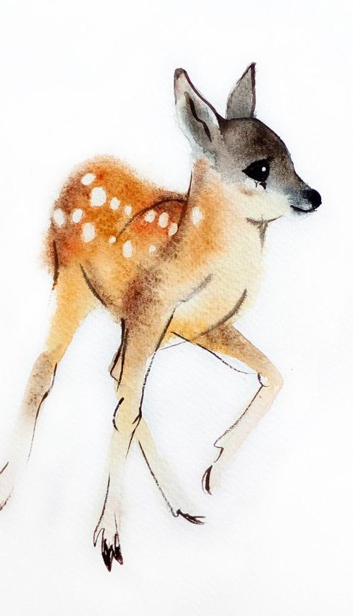 First Wobbly Steps - Fawn - Baby Deer by Olga Beliaeva Watercolour