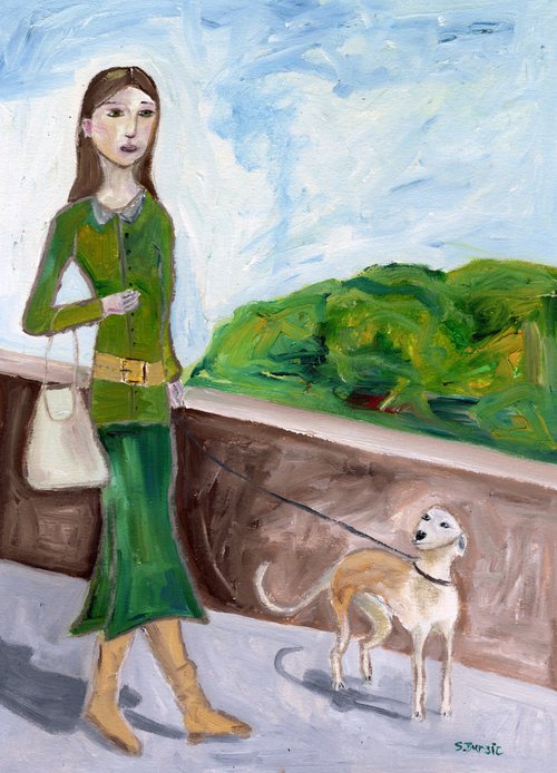 Lady walking Dog figurative Naive by Sharyn Bursic