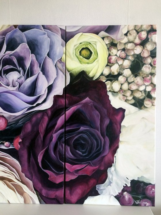 Oil Painting Triptych with flowers "Soul notes" 160*80 см