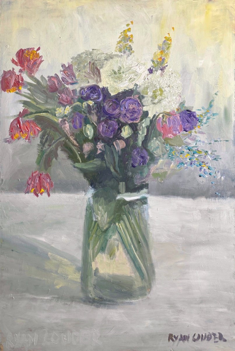 Expressive Botanical Oil Painting By Ryan Louder, 20 X 30", Flowers On A White Table, Original Artwork