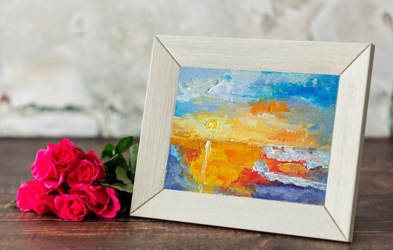 Abstract Seascape Original Art Sunset Oil Painting Coastal Artwork Small Wall Art