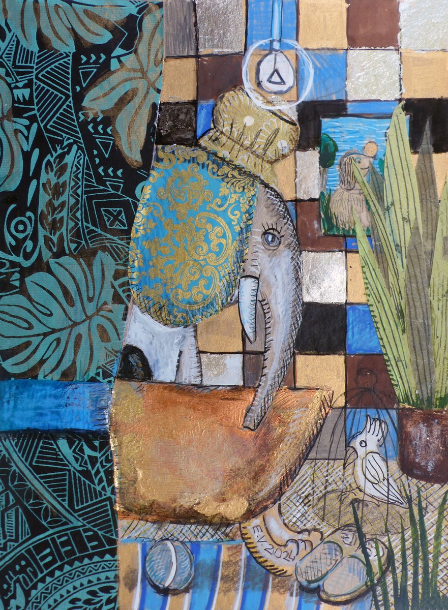 Surrealistic Painting , Elephant In The Bathroom#2 By Elizabeth Vlasova, 9 X 12, Artwork For Sale On Artfinder