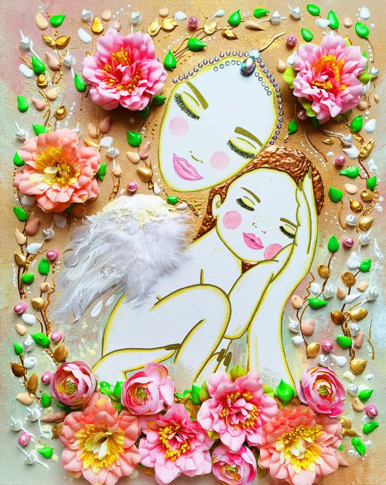 Love Mother Earth and baby angel. Summer floral woman with pink flowers