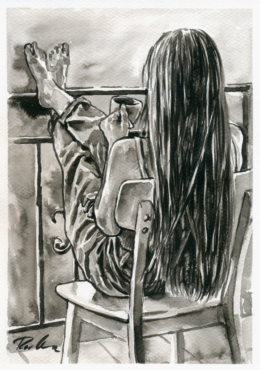 Urban And Pop Portrait Ink Drawing By Tashe, 8 X 12", Relax And Enjoy, Original Artwork