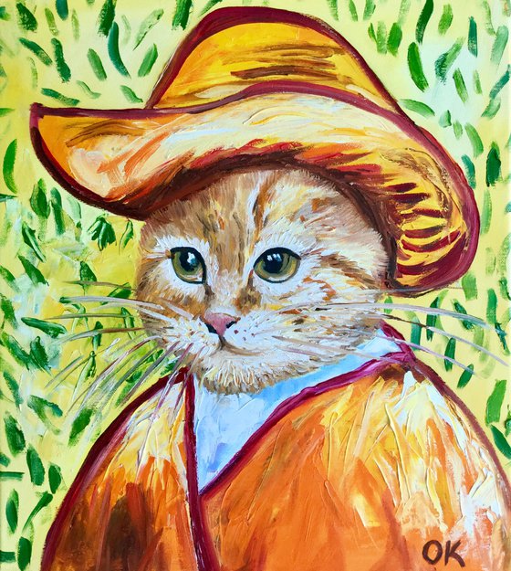 Satisfied  Cat La Van Gogh in a straw hat FELINE ART FOR CAT LOVERS GIFT IDEA
