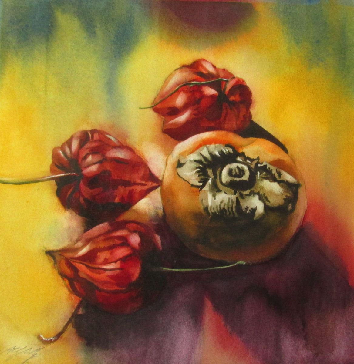 Impressionistic Still Life Watercolour By Alfred Ng, 13 X 13, Autumn Still Life With Persimmon, Original Artwork