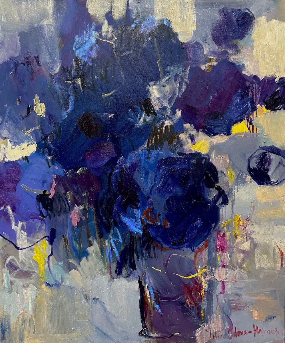 Expressive Botanical Oil Painting By Lilia Orlova-Holmes, 39 X 47", Abstract Flowers. Evening Bouquet, Original Artwork