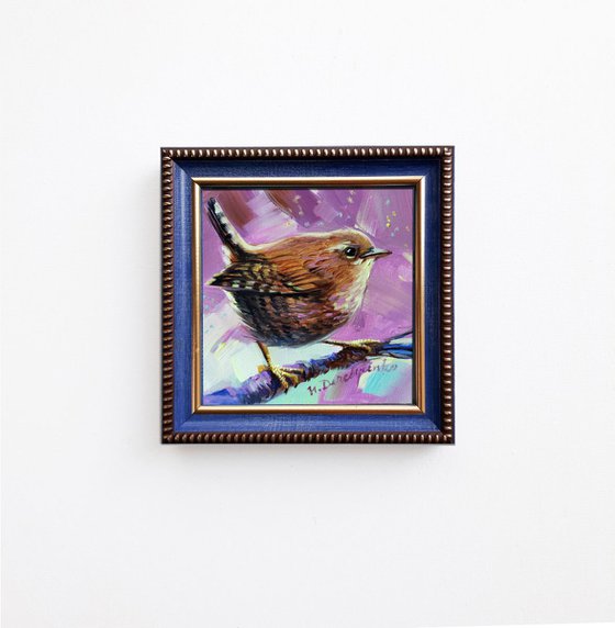 Bird painting 4x4, Wren art original, Mini bird art framed, Tiny birds artwork, Small Bird purple painting oil, Christmas gift for women