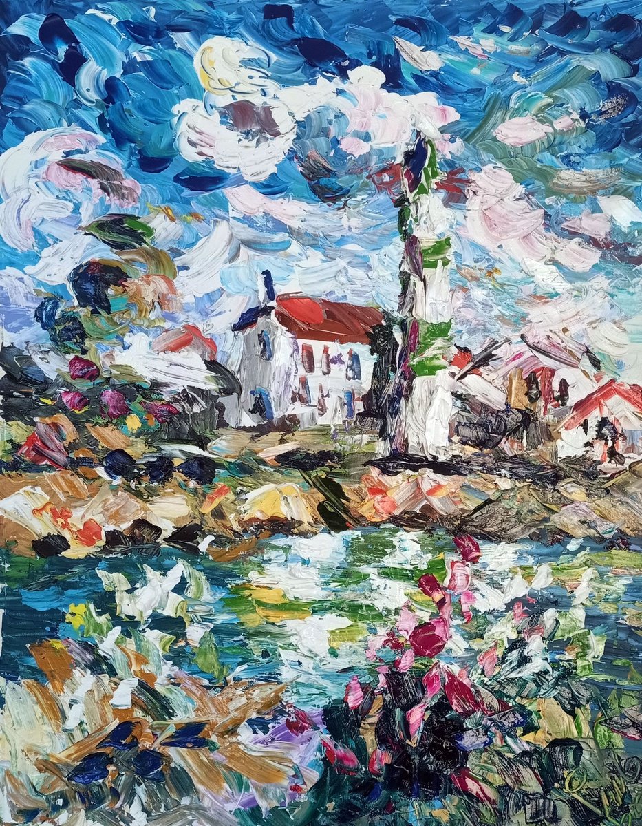 Impressionistic Landscape Acrylic Painting By Antonino Puliafico, 28 X 35, Faro Del Nord, Original Artwork
