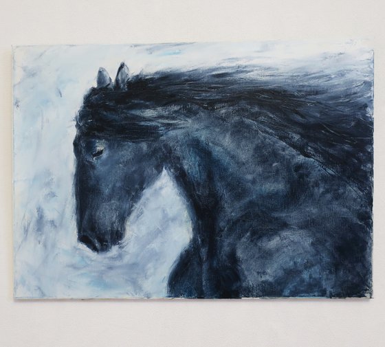 Oil painting black horse