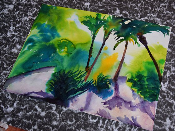 Abstract tropical trees original watercolor painting Spanish green forest