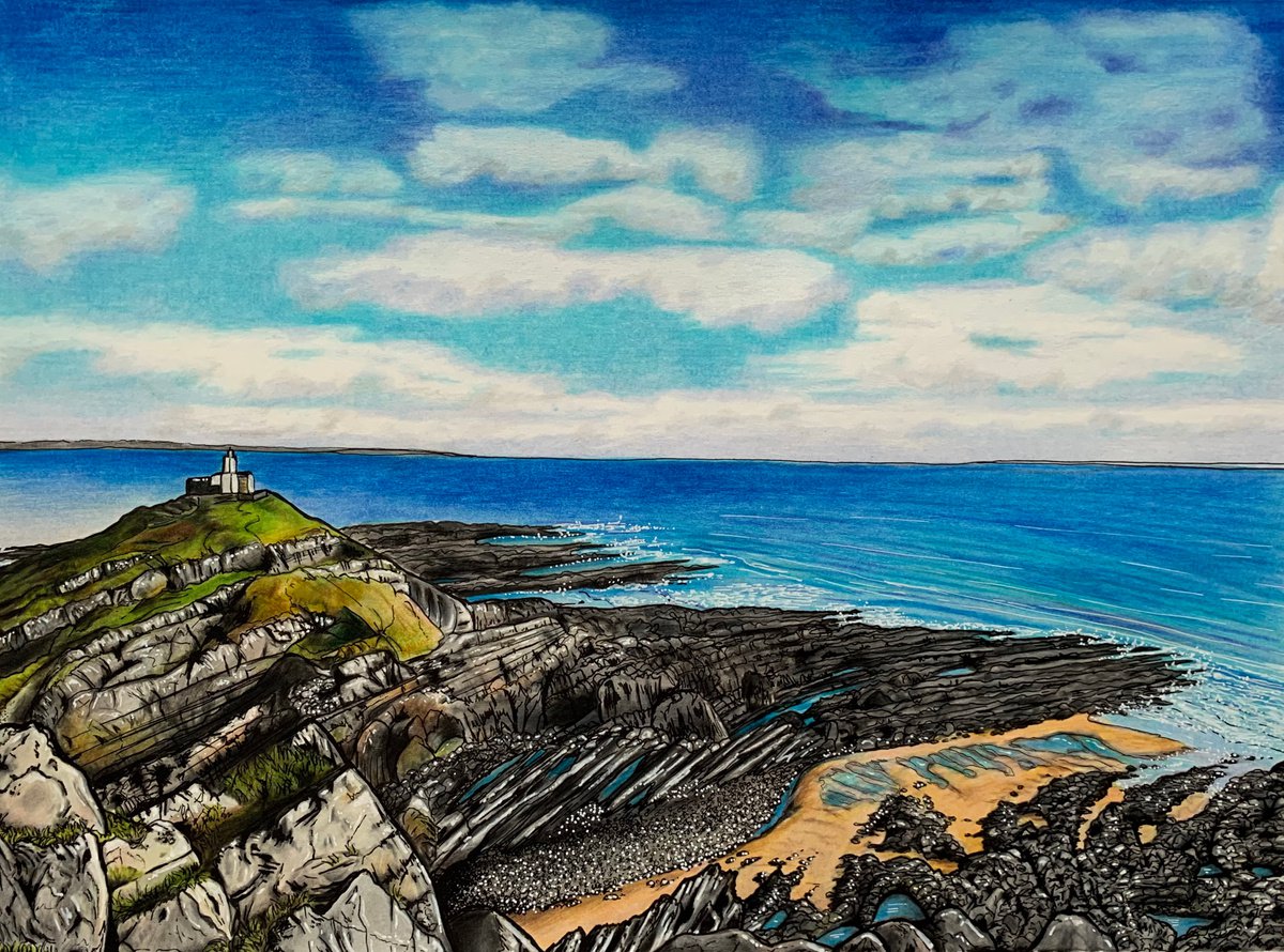 Illustrative Painting , Mumbles Lighthouse By Karen Elaine Evans, 17 X 12, Artwork For Sale On Artfinder