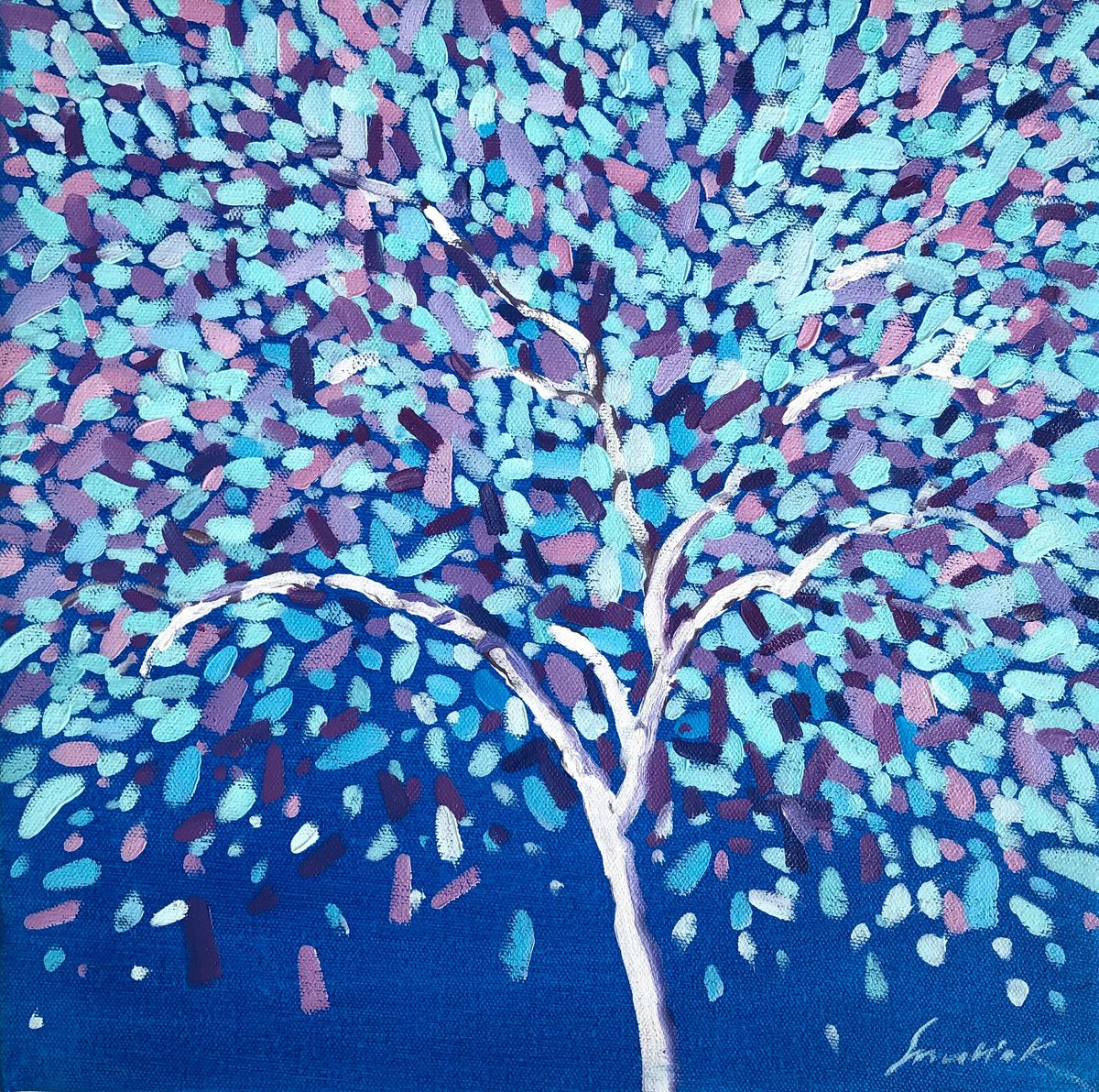 Impressionistic Landscape Oil Painting By Volodymyr Smoliak, 12 X 12", Blue Tree, Original Artwork