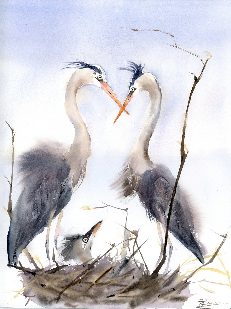 Impressionistic Animal Watercolour By Olga Tchefranov (Shefranov), 12 X 16", Heron Family #2, Original Artwork