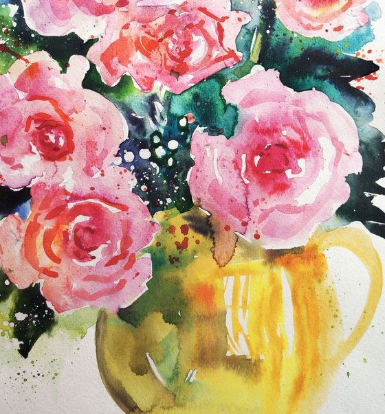 Pink Roses in a Yellow Jug