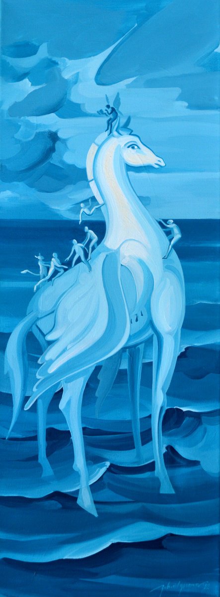 Surrealistic Animal Acrylic Painting By Grama Gabriel, 12 X 31, Mythoplasies 6, Original Artwork