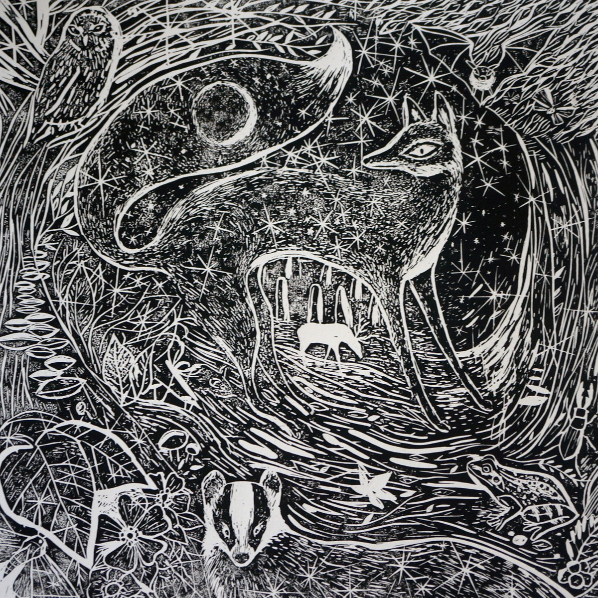 Illustrative Animal Linocut By Victoria Lucy Williams, 13 X 13", The Night, Original Artwork