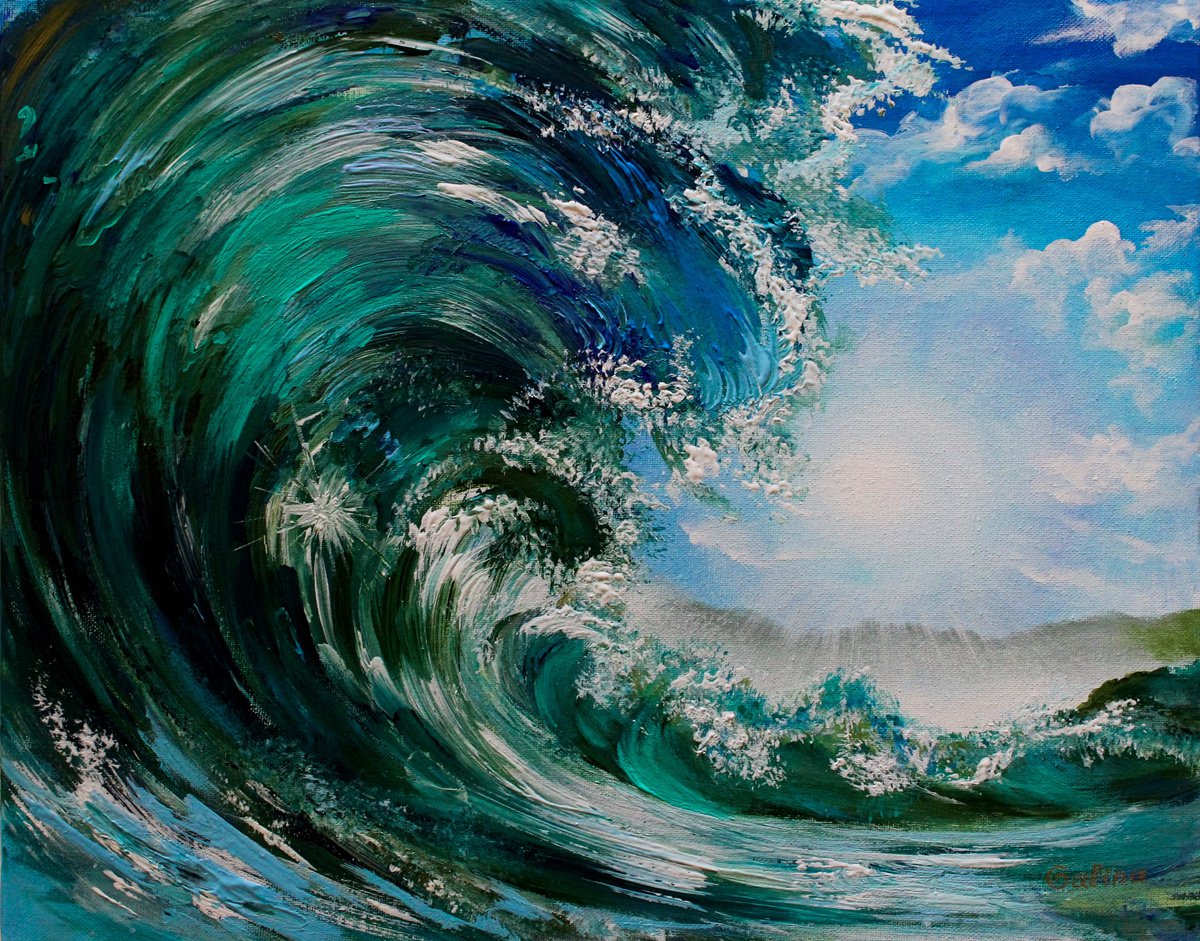 Expressive Landscape Acrylic Painting By Galina Victoria, 20 X 16, The Wave, Original Artwork