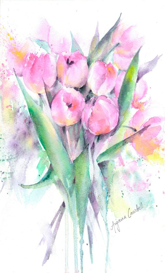 Original painting of a bunch of pink tulips