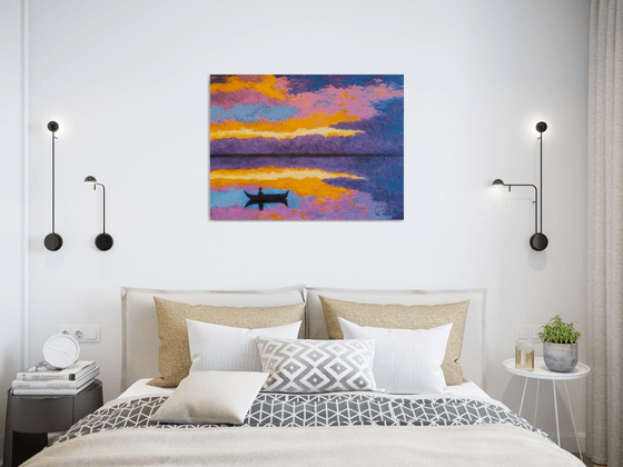 Silence - colorful evening on the lake; sunset; home, office décor