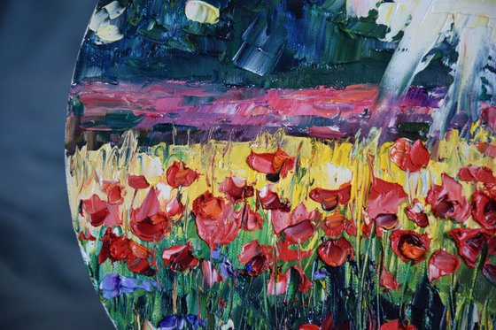 Poppy Painting, Landscape Round Oil Painting on Canvas, Red Field Original Wall Art