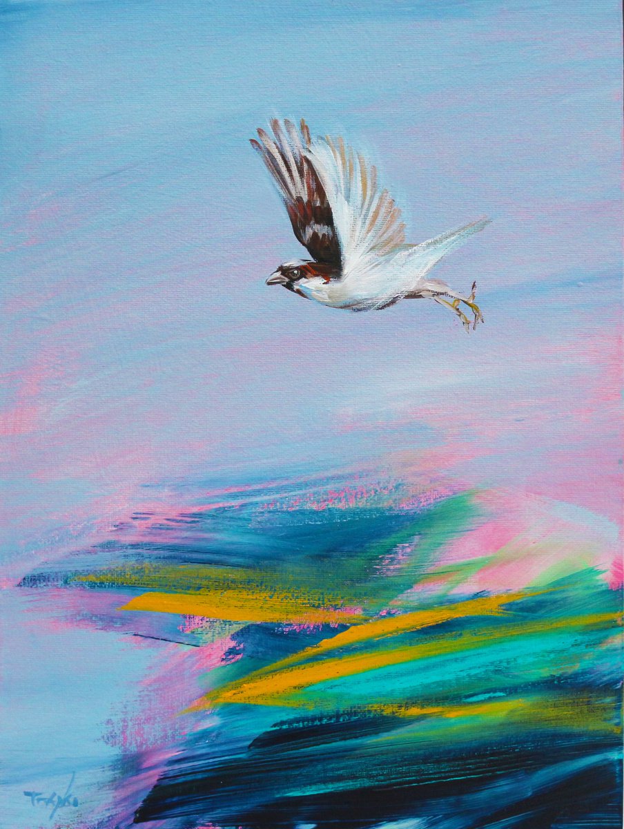 Impressionistic Animal Acrylic Painting By Trayko Popov, 12 X 16", Sparow. Flying Bird. Morning. Landscape. Birds In The Sky. Country. Autumn. Sun.set. Sunrise., Artfinder
