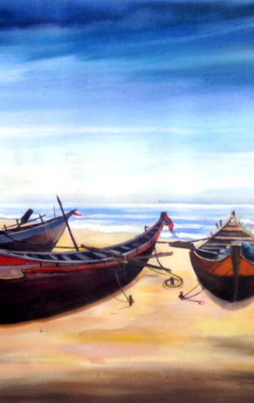 Fishing Boats at Seashore-Acrylic on canvas by Samiran Sarkar