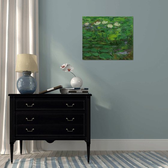 WATERLILY POND. LANDSCAPE - original oil painting, waterscape, plein air, summer, waterlily garden, love 70x60