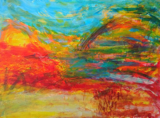 Sunset over the hills, Abstract painting on paper.