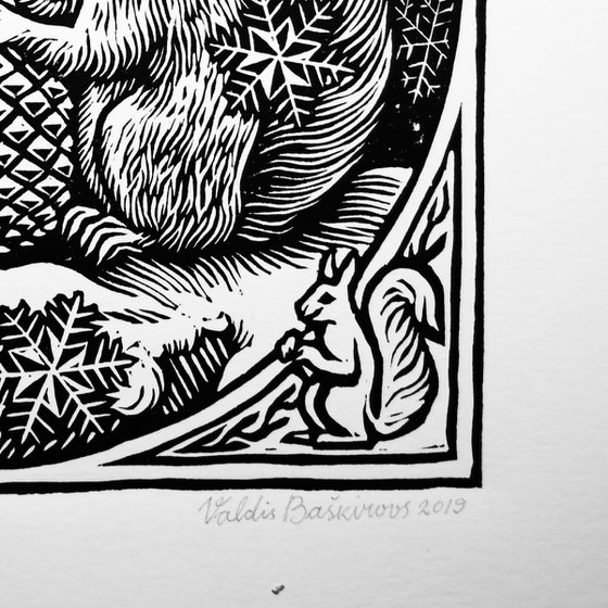 Squirrel Linocut Print.