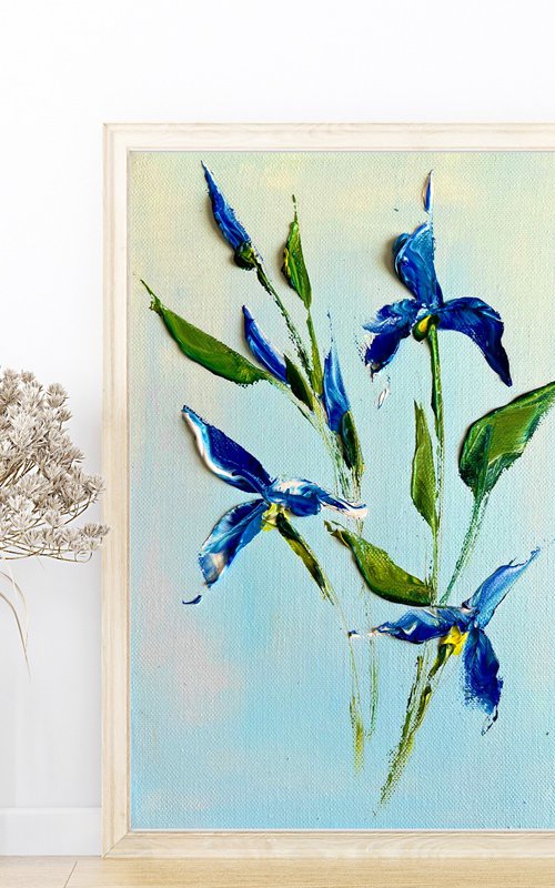 IN THE MOMENT №5 - mini iris painting. Blue irises art. by Marina Skromova