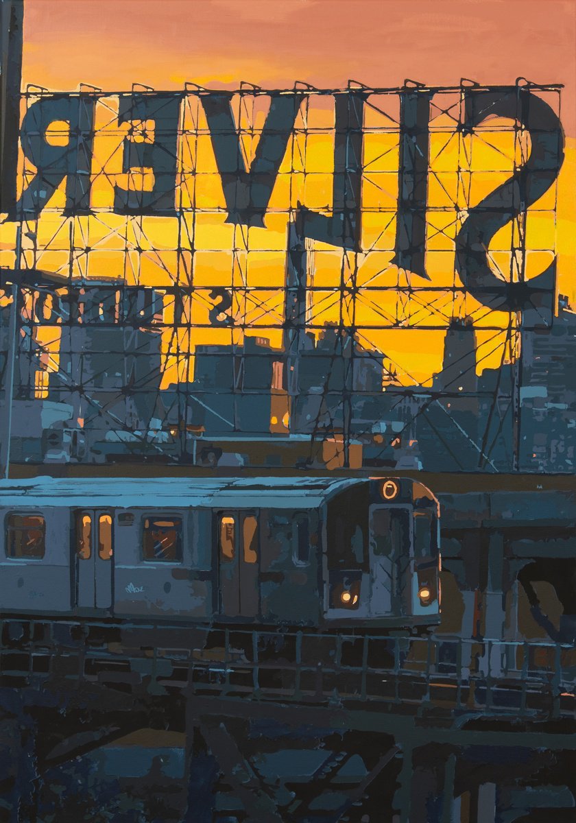 Photorealistic Cityscapes Acrylic Painting By Marco Barberio, 28 X 39", New York City Silver, Original Artwork