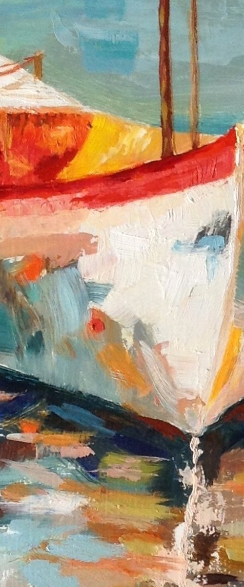 Sunlit Boat Reflections by Liubov Samoilova