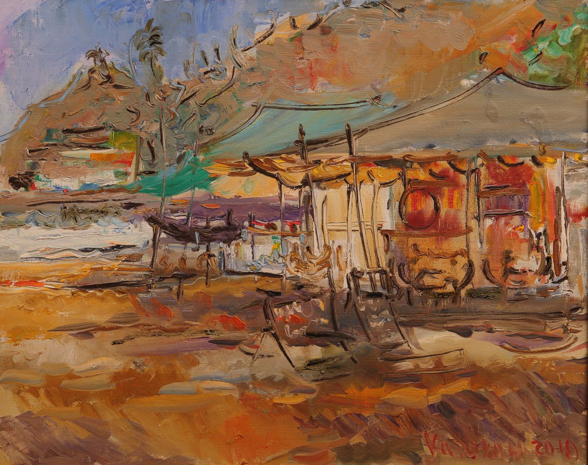 Cafe in Arambol. Goa, India - Seashore Landscape - Oil Painting - Plein Air - Medium Size by Karakhan