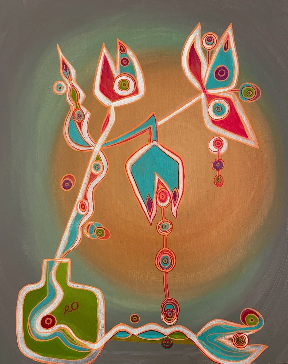 Abstract Botanical Acrylic Painting By Olga Rokhmanyuk | Roartus, 24 X 30", Flowers In A Green Vase, Original Artwork