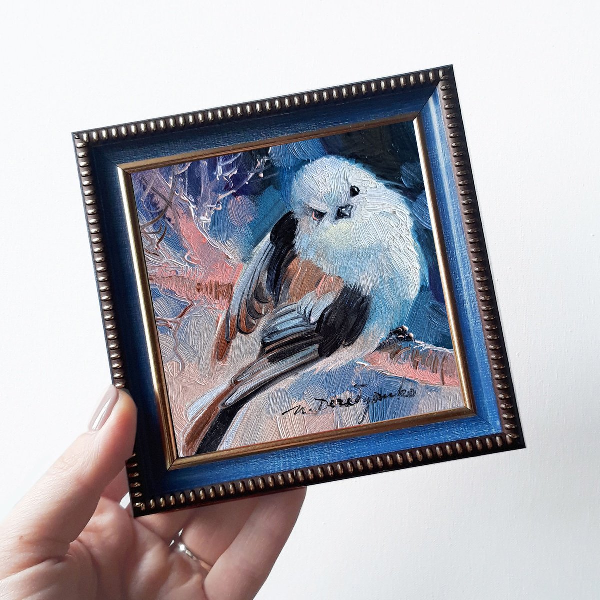 Original Bird painting 4x4, White little bird art picture in blue frame by Nataly Derevyanko