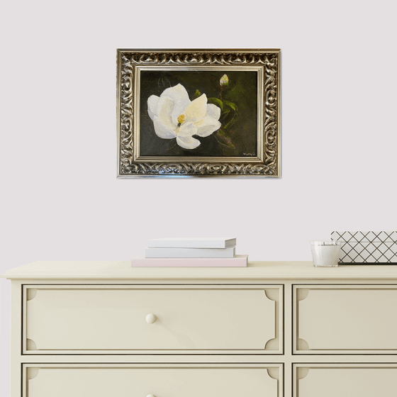 Gorgeous Magnolia Flower Original Oil Painting in silver frame