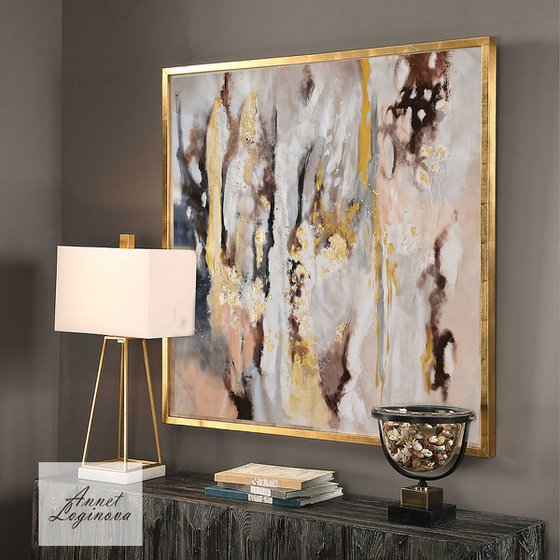 Golden Abstract Canvas art, Gold Leaf wall art