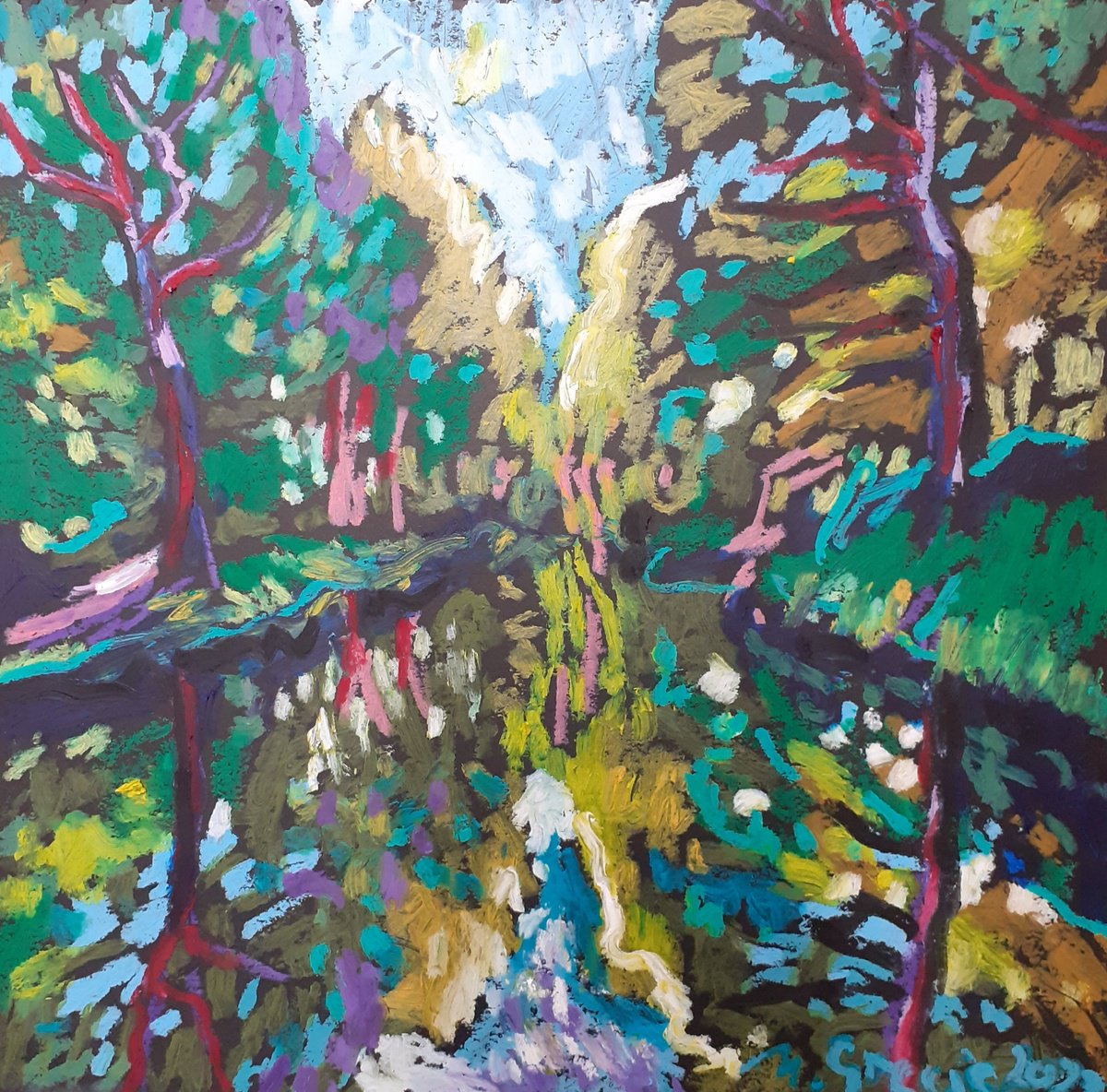 Impressionistic Landscape Pastel Drawing By Maja Grecic, 12 X 12", Water Reflection, Original Artwork