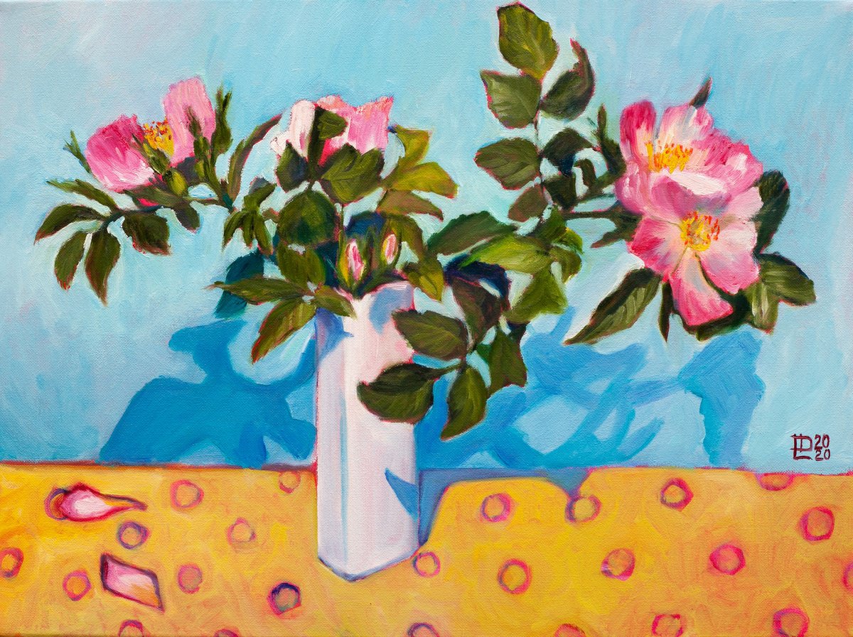 Urban And Pop Botanical Oil Painting By Liudmila Pisliakova, 16 X 12", Wild Rose Ii, Original Artwork