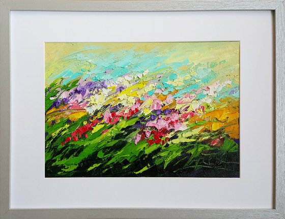 Wild flowers in the garden - Painting original oil impasto, blooming summer flowers artwork