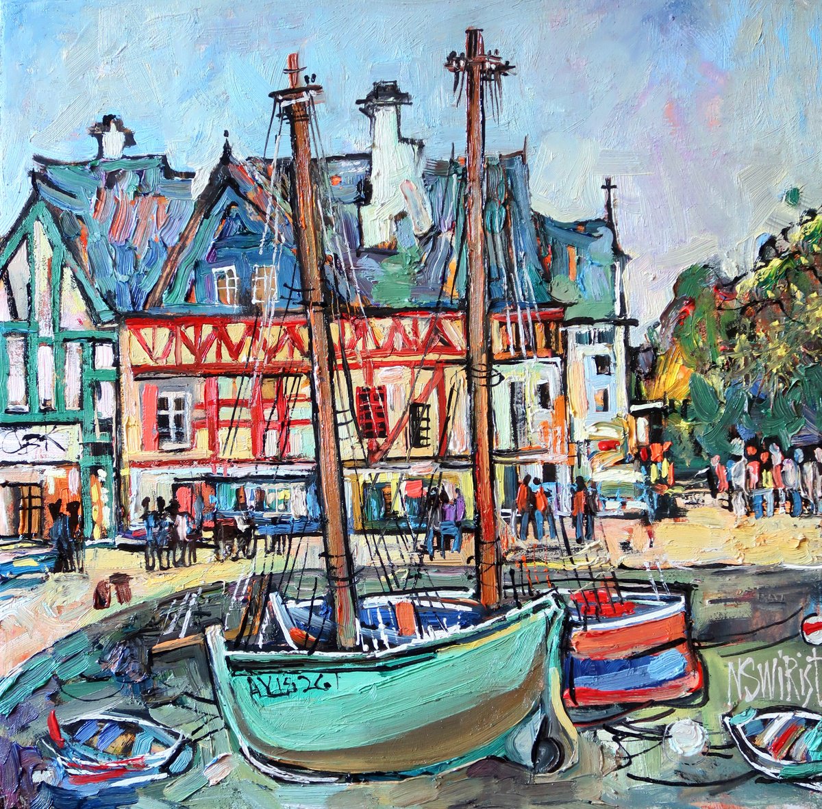 Impressionistic Cityscapes Oil Painting By Nikifor Swiristuhin, 14 X 14", Auray. Brittany., Original Artwork