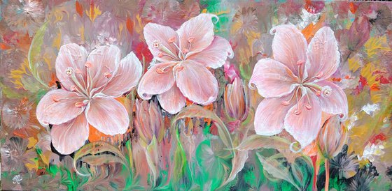 Author's painting "Radiant Lilies". Diptych.