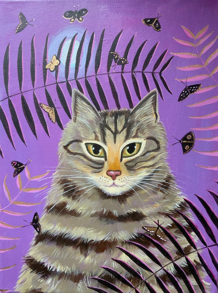 Tabby with the Moon- cat painting by Mary Stubberfield