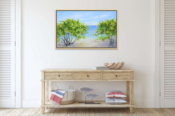 ENDLESS SUMMER. Tropical Island Seascape Painting of Florida Beach and Sea Birds.